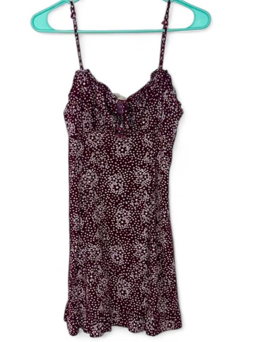 Spaghetti Strap Floral Slip Dress - Maroon with White Ditsy Print